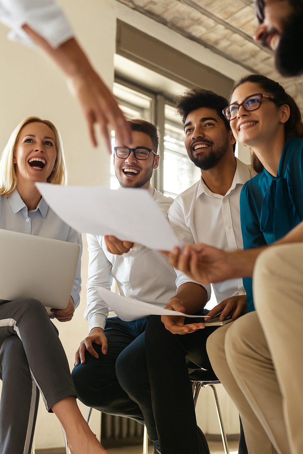 sitzt in einem modernen, hellen Büro im Kreis und lacht gemeinsam, während eine Person ihnen ein Dokument überreicht. Die Szene vermittelt Teamgeist, Offenheit und positive Zusammenarbeit.