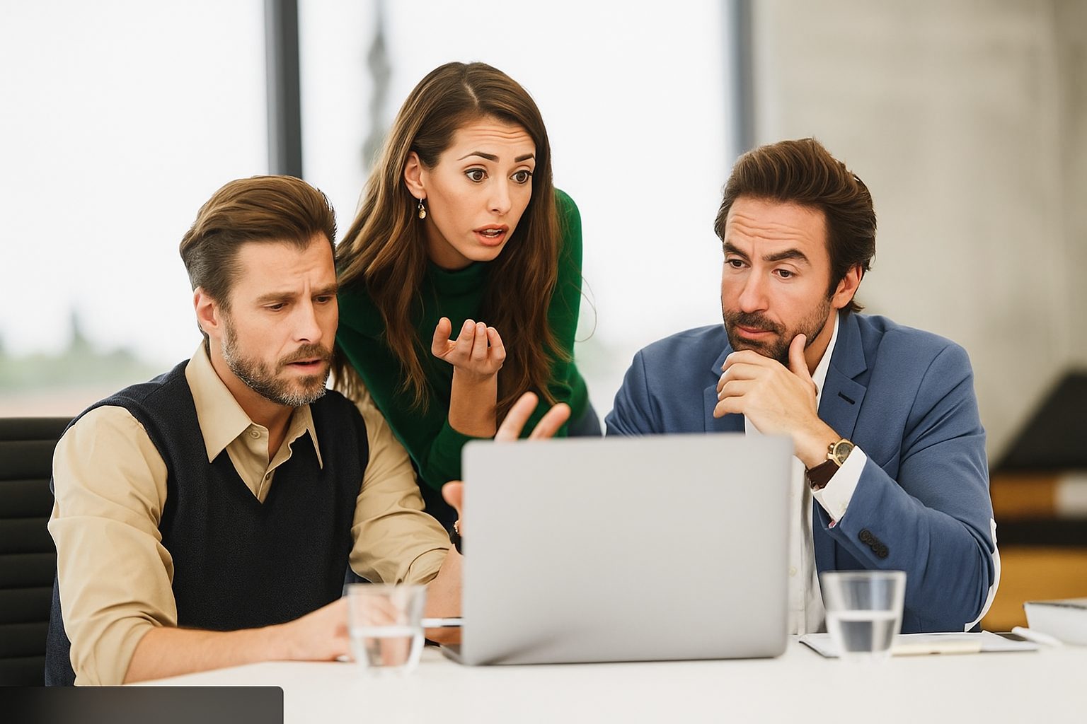 Drei Geschäftsleute – zwei Männer und eine Frau – sitzen gemeinsam an einem Tisch und blicken konzentriert auf einen Laptop.