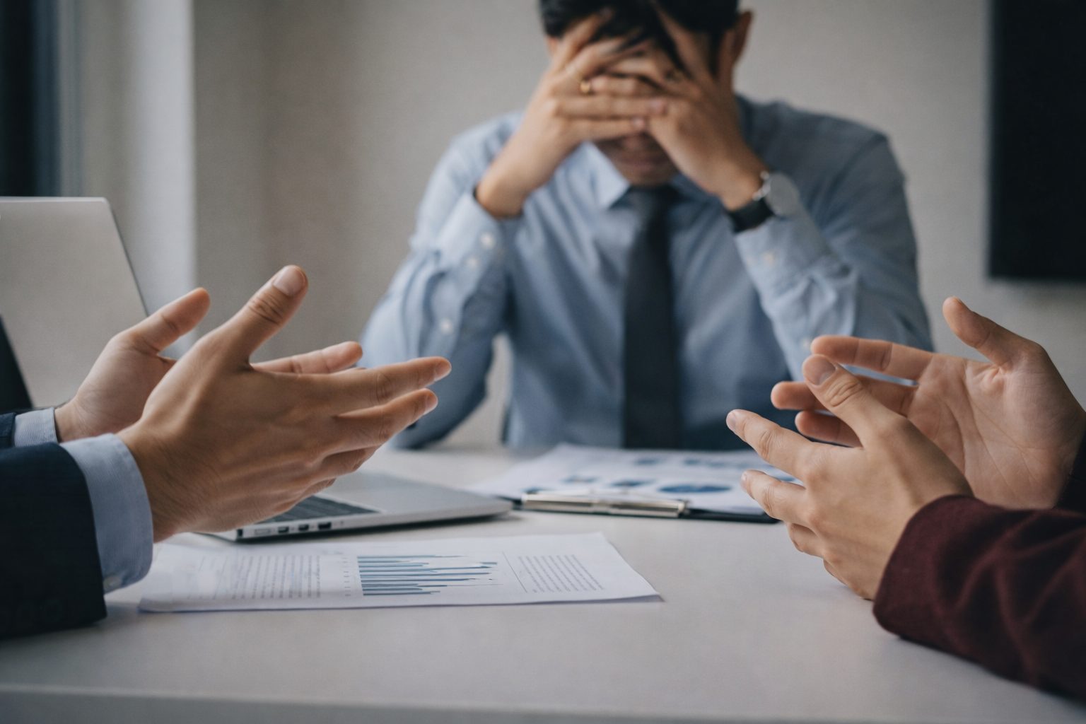 Angespannte Diskussion im Büro: Gestikulierende Hände im Vordergrund, gestresste Führungskraft im Hintergrund am Tisch.