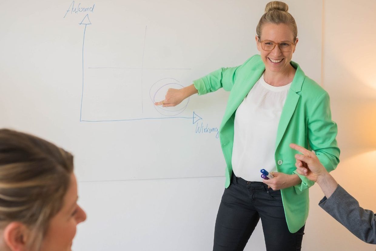 Lisa von tgim steht in einem Workshop vorne am Whiteboard